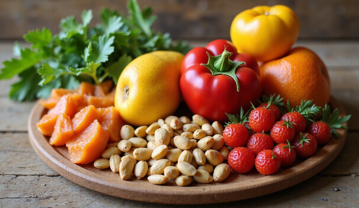 High-quality image of fresh, vibrant healthy food (fruits, vegetables, nuts) artfully arranged on a wooden table, with soft natural lighting.