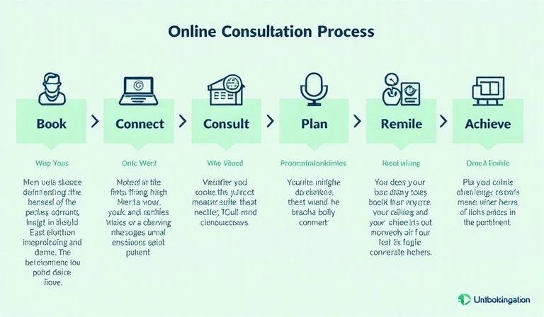 A step-by-step infographic showing the online consultation process: 'Book', 'Connect', 'Consult', 'Plan', 'Achieve', with modern icons for each step.