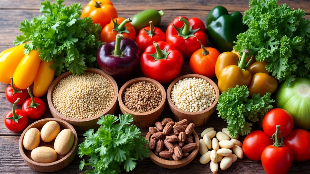 A vibrant and colorful spread of various healthy food ingredients like fresh vegetables, fruits, nuts, and whole grains being artfully arranged on a wooden table, suggesting a diverse and personalized approach to diet and nutrition. No text, letters, or inscriptions.