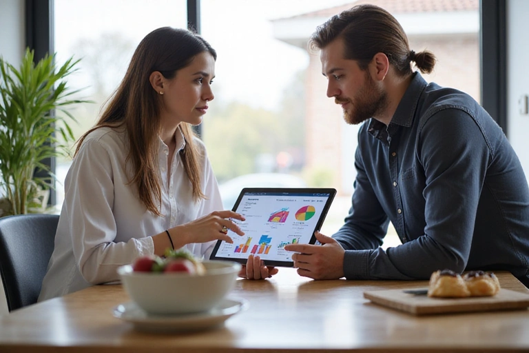 A nutritionist consulting with a client in a bright, modern office, discussing a healthy eating plan. They are looking at a tablet with colorful charts.