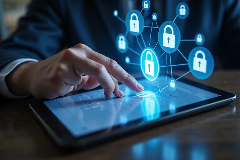 A user logging into an online account on a tablet, with security icons around it.