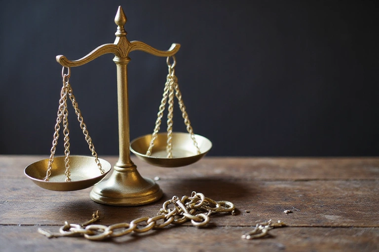 A legal scale with a broken chain, symbolizing limitation of liability and legal protection.